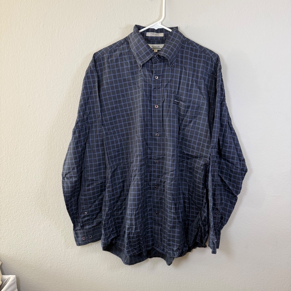 Faconnable Mens Dark Blue Plaid Button Down‎ Long Sleeve Dress Shirt Size L